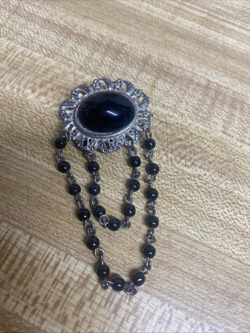Vtg Brooch Ornate Silver Tone Black Rhinestones Gothic Dark Fantasy Vampire